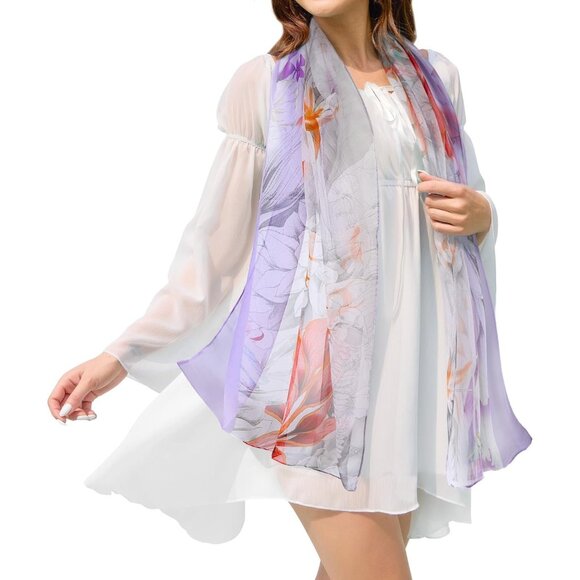 Women's Grey Purple Fashion Lightweight Head Scarf Floral Print Chiffon Scarves - Picture 1 of 6